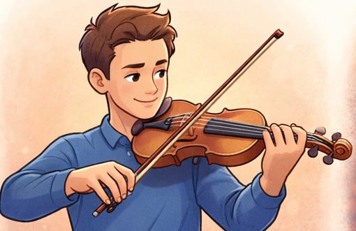 Cartoon intermediate violinist practicing with stronger posture and motion